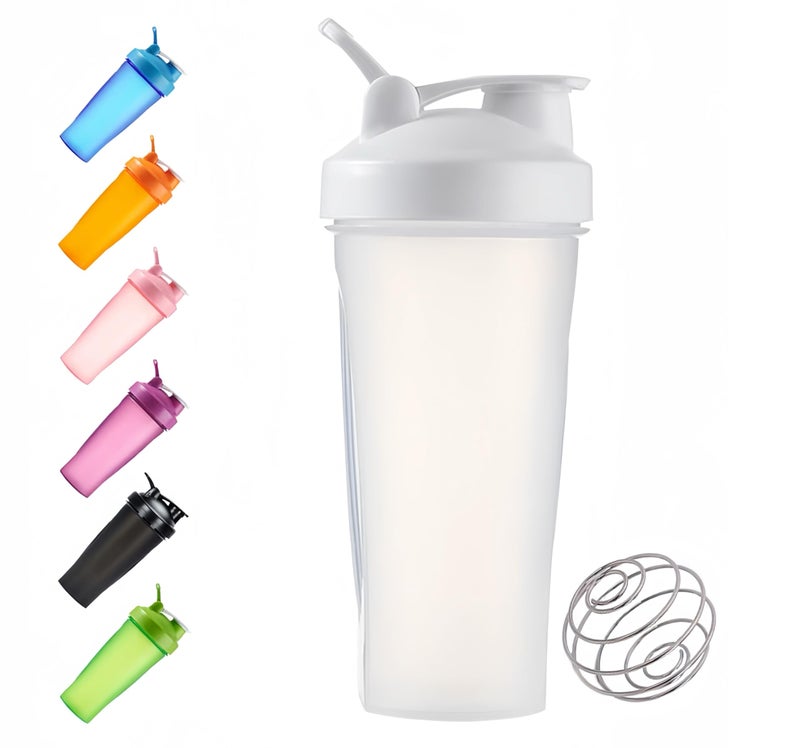 Protein Shaker Bottle 600ml, Secure Leakproof Protein Shake Mixer Bottle, Steel Mixing Ball For Lump Free Smooth Shake, Easy To Clean, BPA Free, Dishwasher Safe for Gym & Sports Shaker Bottle (White)